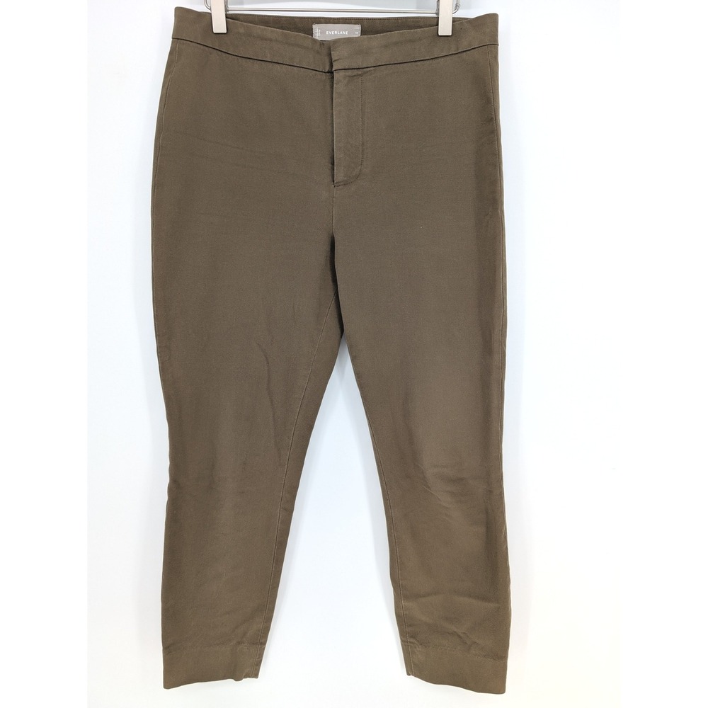 Everlane Slim Fit Ankle Pants Women 10 Olive Stretch Cotton Minimalist Prep Chic